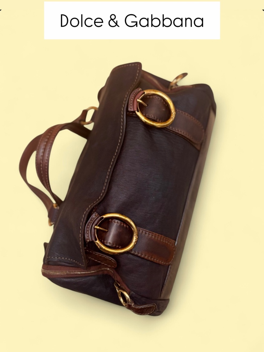Dolce & Gabbana Dark Brown Leather Duffel with Gold Buckle Accents